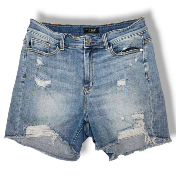 Judy Blue Plus 1XL Paint-Splatter Distressed Denim Shorts High-Rise Raw-Hem EUC - Picture 1 of 7